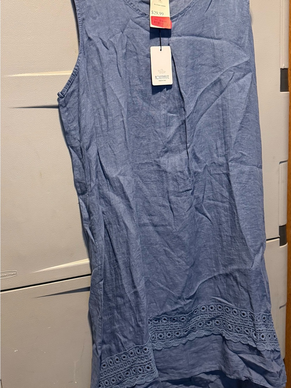 Sleeveless Chambray Midi Dress with Crochet Hem - Blue